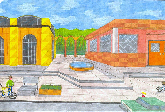 Drawing exercise using the one-point perspective method of an imaginary exterior. Done with markers and color pencils.